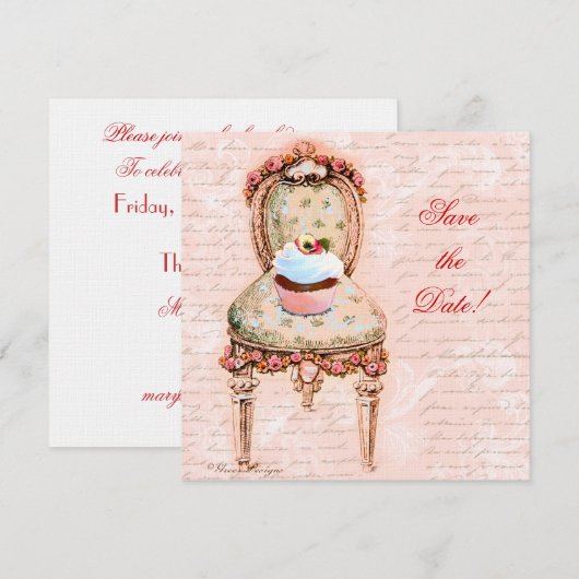 Tea Party Cupcake & Stoel Save The Date (Voorkant / Achterkant)