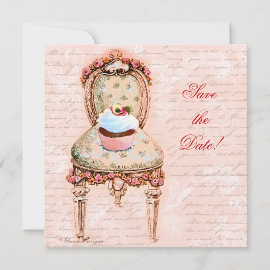 Tea Party Cupcake & Stoel Save The Date (Voorkant)