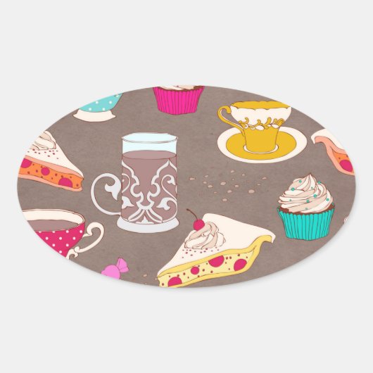 Tea party dessert Print cupcake taart doedel Ovale Sticker (Voorkant)