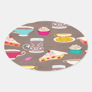 Tea party dessert Print cupcake taart doedel Ovale Sticker