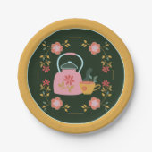  Tea Party Donkergroen Geel Papieren Bordje (Voorkant)