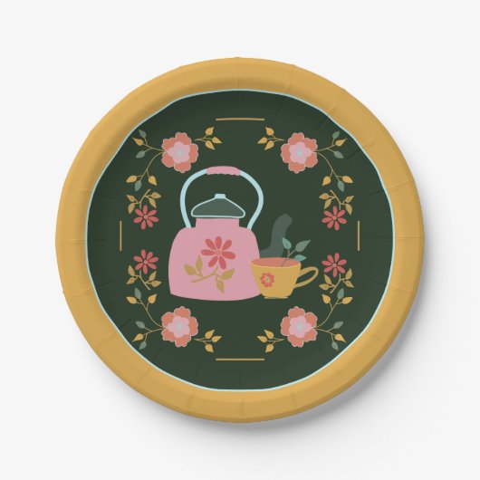 Tea Party Donkergroen Geel Papieren Bordje (Voorkant)