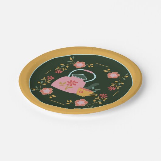  Tea Party Donkergroen Geel Papieren Bordje (Gekanteld)