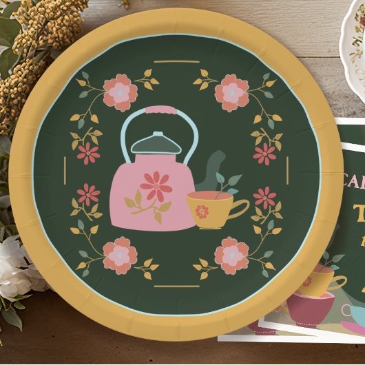  Tea Party Donkergroen Geel Papieren Bordje