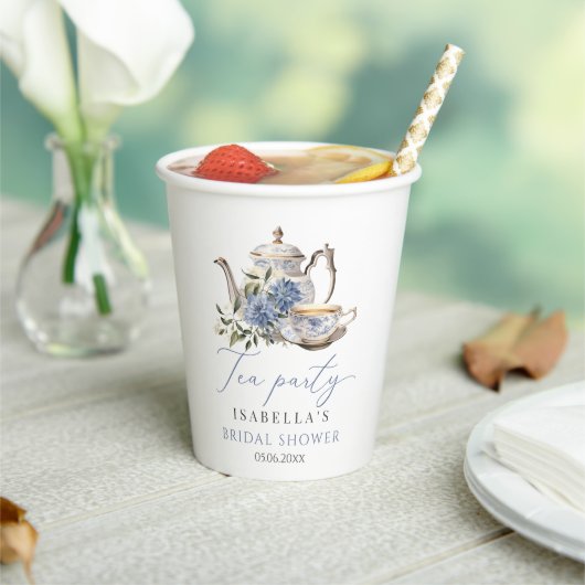Tea Party Elegant Blauw Bloemen Vrijgezellenfeest Papieren Bekers (Insitu)