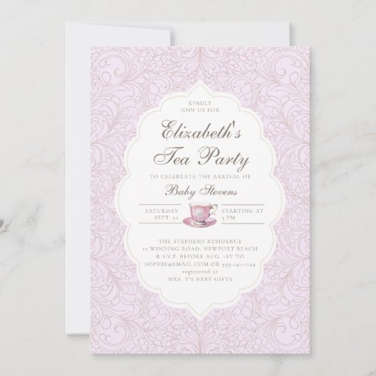 Tea Party Elegant Kant Paarse Meisje Baby shower Kaart (Voorkant)