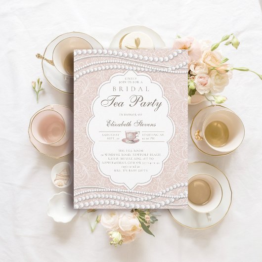 Tea Party Elegant Kant Parels Perzik Vrijgezellenf Kaart