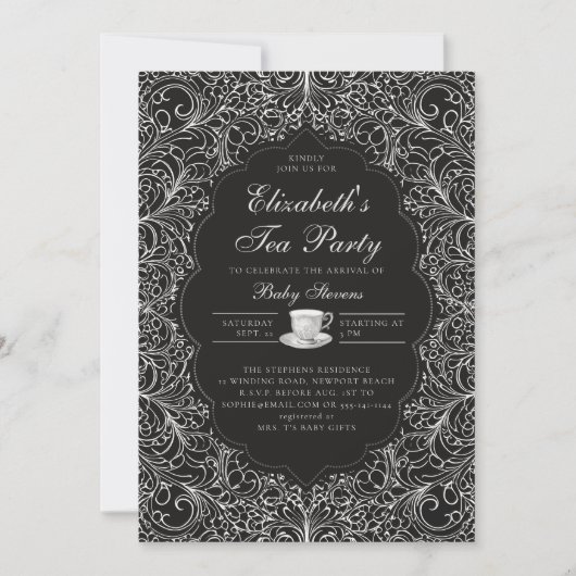 Tea Party Elegant Kant Zwart Wit Baby shower Kaart (Voorkant)