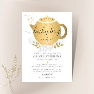 Tea Party Elegant Modern Gold Greenery Baby shower Kaart