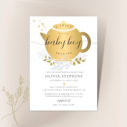 Tea Party Elegant Modern Gold Greenery Baby shower Kaart
