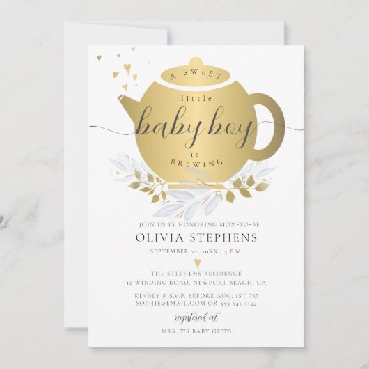 Tea Party Elegant Modern Gold Greenery Baby shower Kaart (Voorkant)