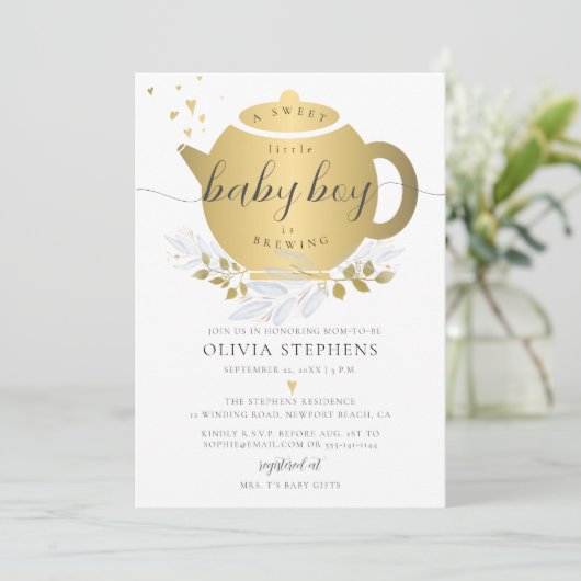 Tea Party Elegant Modern Gold Greenery Baby shower Kaart (Staand voorkant)