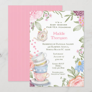 Tea Party Elegant Pink Green Baby shower Kaart