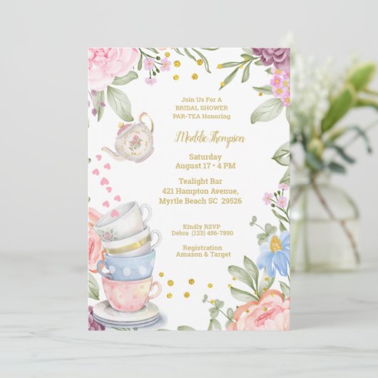 Tea Party Elegant Pink Green Vrijgezellenfeest Kaart (Staand voorkant)