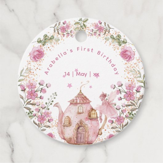 Tea Party Fairy Girl Blush Roze Bloemen Verjaardag Bedankjes Labels (Voorkant)