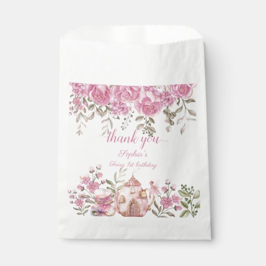 Tea Party Fairy Girl Blush Roze Bloemen Verjaardag Bedankzakje (Voorkant)