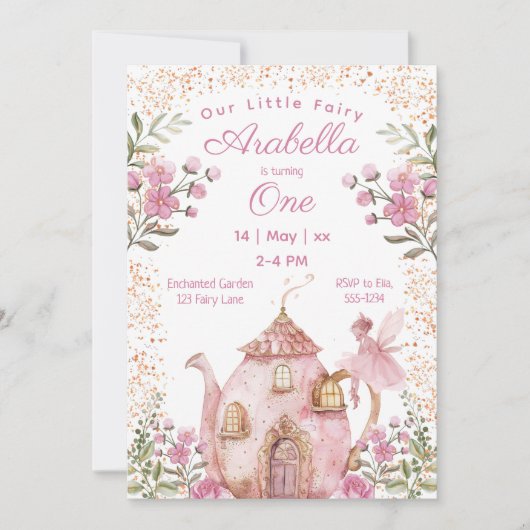 Tea Party Fairy Girl Blush Roze Bloemen Verjaardag Kaart (Voorkant)