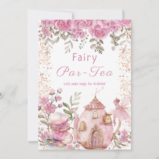 Tea Party Fairy Girl Blush Roze Bloemen Verjaardag Kaart (Achterkant)