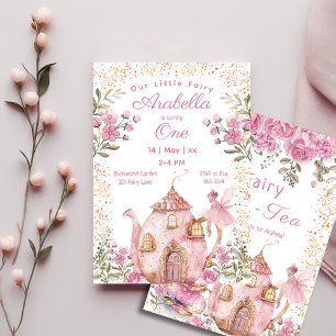 Tea Party Fairy Girl Blush Roze Bloemen Verjaardag Kaart