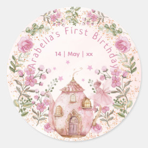 Tea Party Fairy Girl Blush Roze Bloemen Verjaardag Ronde Sticker