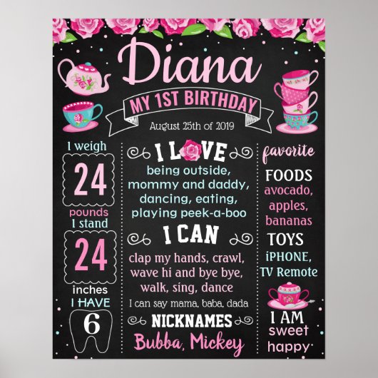 Tea Party First Birthday Party board Poster (Voorkant)