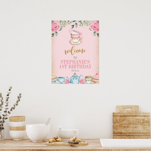 Tea Party Floral Birthday Party Welcome Sign Poster (Keuken)