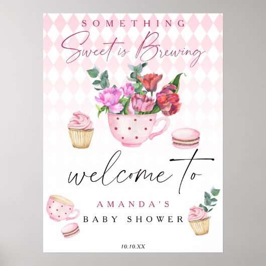 Tea Party Flowers Welkom meisje baby shower feest Poster (Voorkant)