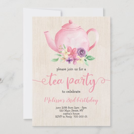 Tea Party Girl Birthday Pink Waterverf Rustic Kaart (Voorkant)