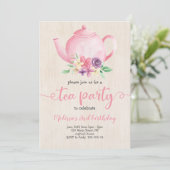 Tea Party Girl Birthday Pink Waterverf Rustic Kaart (Staand voorkant)