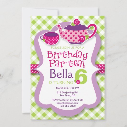 Tea Party Girls Birthday Party Invitation Kaart (Voorkant)
