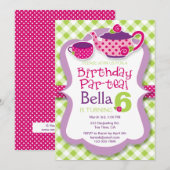 Tea Party Girls Birthday Party Invitation Kaart (Voorkant / Achterkant)