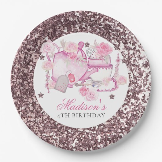 Tea Party Glitter Personalized Elegant Papieren Bordje (Voorkant)