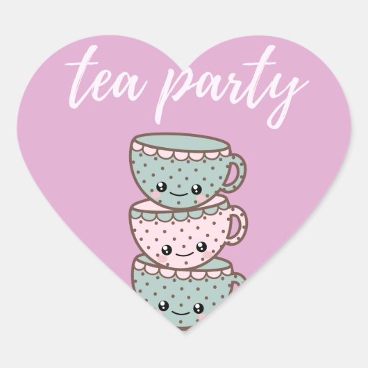 Tea Party Illustrated Teacups Pink Hart Sticker (Voorkant)