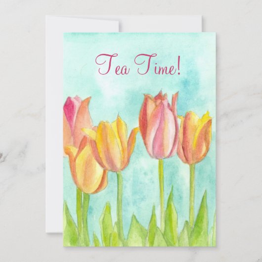 Tea Party Invitation Roze Tulp Waterverf Kunst Kaart (Voorkant)