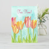 Tea Party Invitation Roze Tulp Waterverf Kunst Kaart (Staand voorkant)