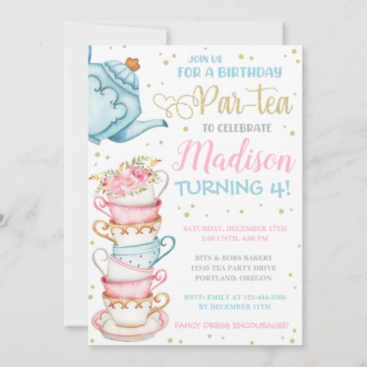 Tea Party Invitation Tea Party Birthday Invite Kaart (Voorkant)