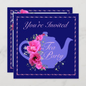 Tea Party Invitations Teapot and Pink Flowers Kaart (Voorkant / Achterkant)