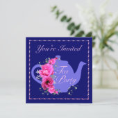 Tea Party Invitations Teapot and Pink Flowers Kaart (Staand voorkant)