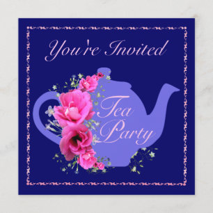 Tea Party Invitations Teapot and Pink Flowers Kaart