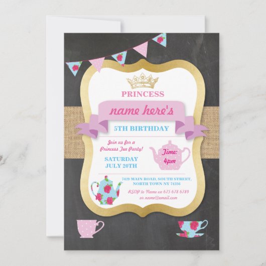Tea Party Invite Princess Crown Alice Birthday Kaart (Voorkant)