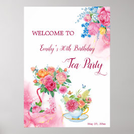Tea party jarig cup bloemen welkom teken poster