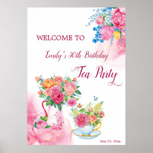 Tea party jarig cup bloemen welkom teken poster