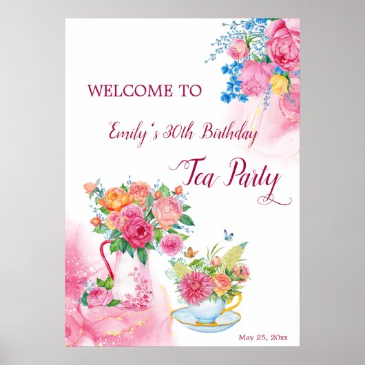 Tea party jarig cup bloemen welkom teken poster (Voorkant)
