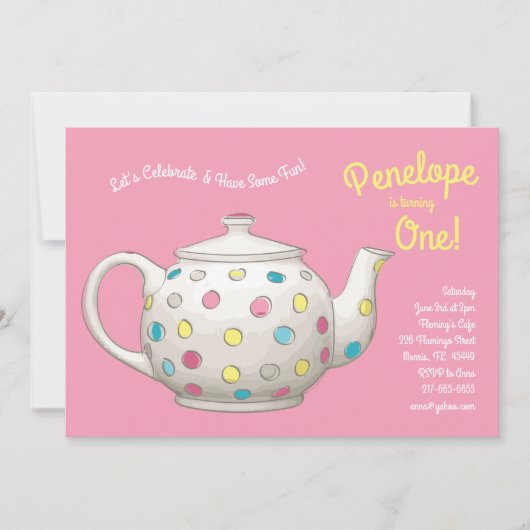 Tea Party Kinder 1e verjaardag Polka Dot Kaart (Voorkant)