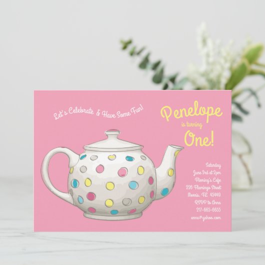 Tea Party Kinder 1e verjaardag Polka Dot Kaart (Staand voorkant)