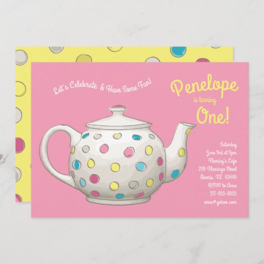 Tea Party Kinder 1e verjaardag Polka Dot Kaart (Voorkant / Achterkant)