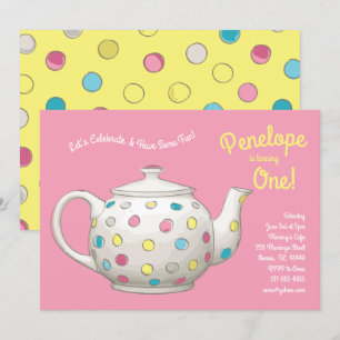 Tea Party Kinder 1e verjaardag Polka Dot Kaart