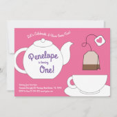 Tea Party Kinder 1e verjaardag Roze en Paarse meis Kaart (Voorkant)