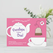 Tea Party Kinder 1e verjaardag Roze en Paarse meis Kaart (Staand voorkant)
