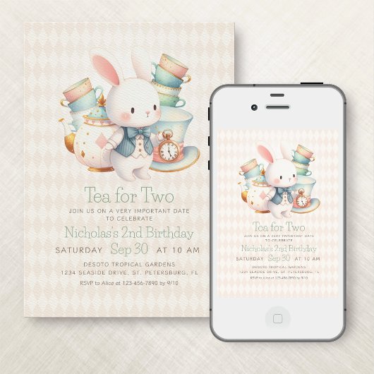 Tea Party Konijn Wonderland 2e verjaardag Kaart